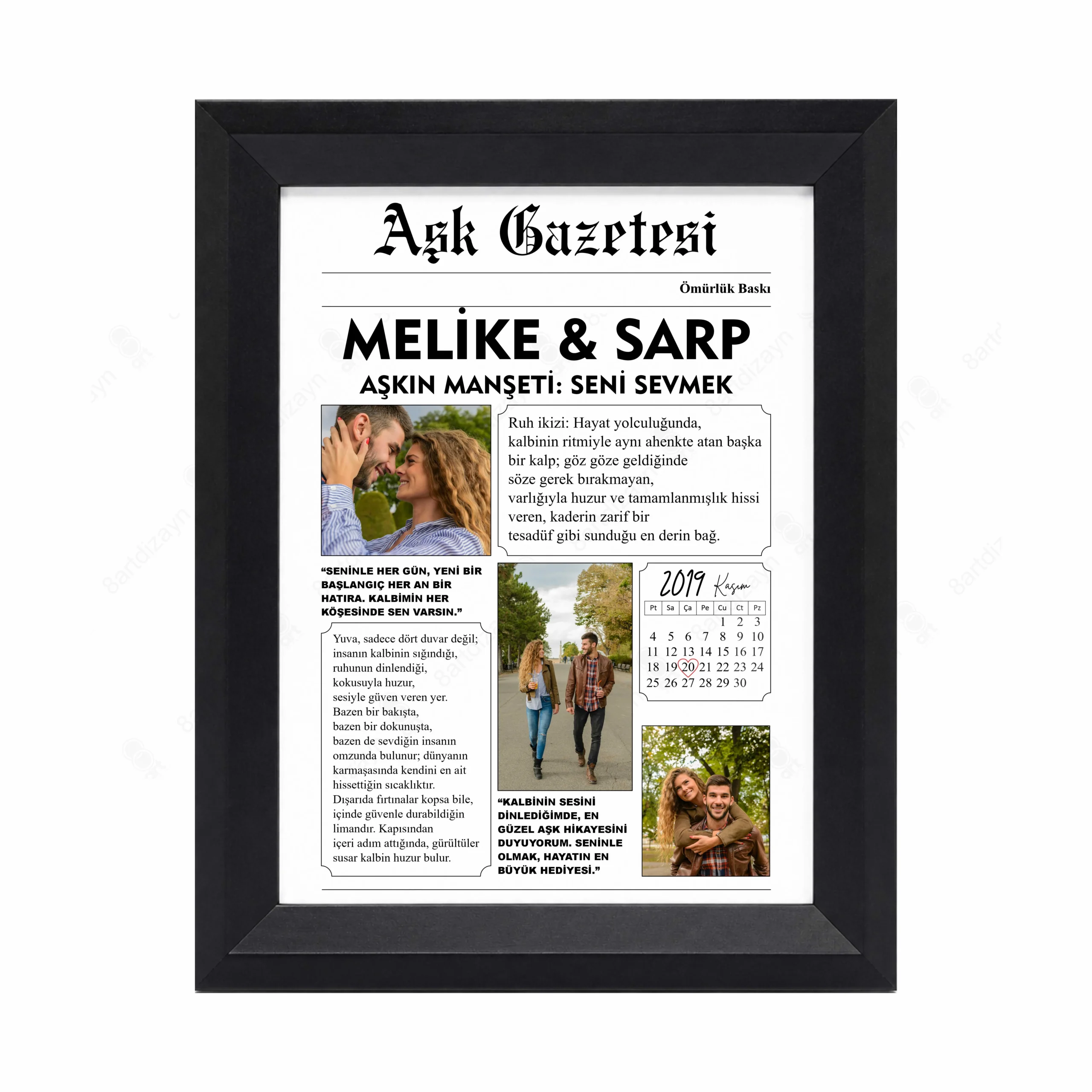 Kişiye Özel Aşk Gazetesi siyah çerçeve